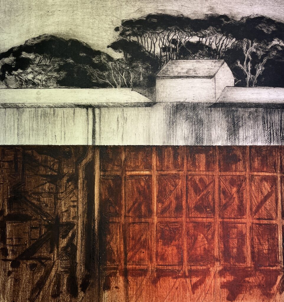 A collagraph Print of the old part of the zinc works in Hobart Tasmania